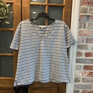 LOFT Striped V Neck Short Sleeve Textured Top Womens XL Blue White Classic Style